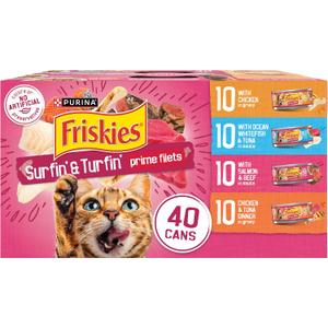 Purina Friskies Gravy Wet Cat Food Variety Pack, Surfin and Turfin Prime Filets Favorites - (Pack of 40) 5.5 oz. Cans (EXP 08/01/27)