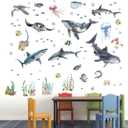  Under The Sea Wall Decals - Marine Theme Shark Whale Fish Sea Turtle Ocean Wall Stickers - Bathroom Baby Nursery Kids Bedroom Daycare Wall Decor