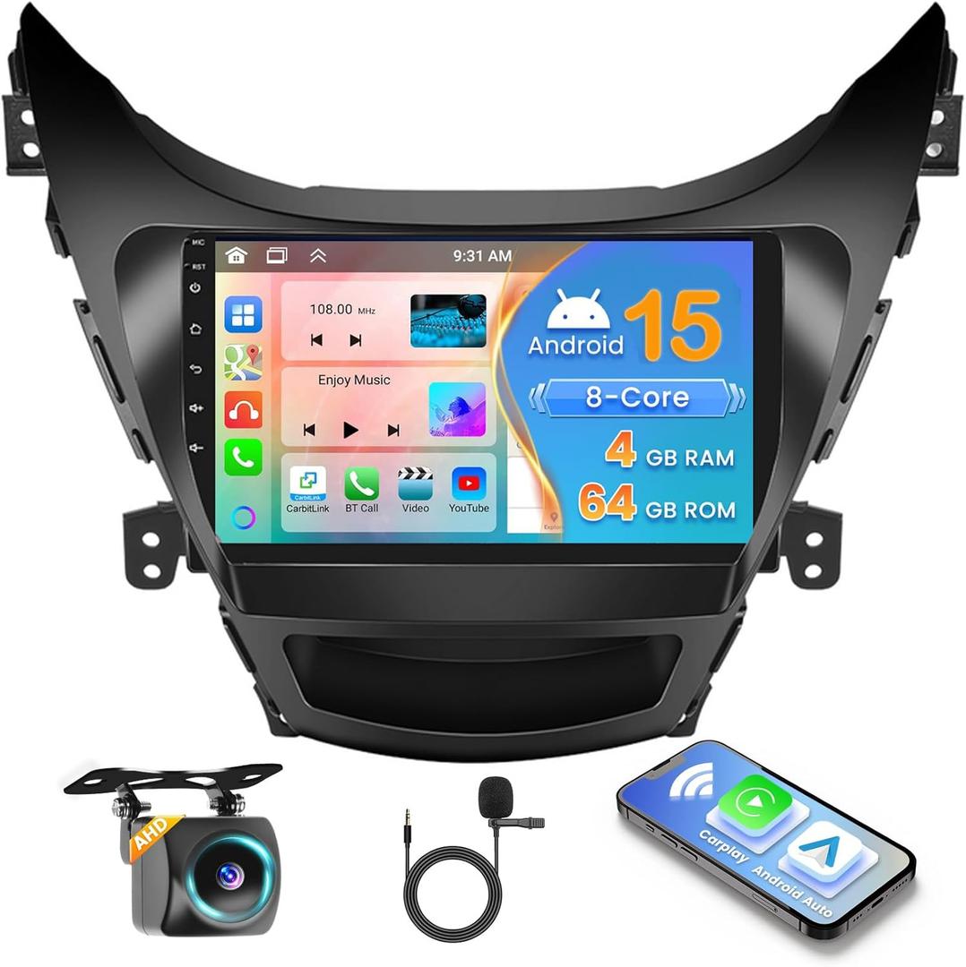 8 Core 4+64GB for Hyundai Elantra 2011 2012 2013 Android 15 Car Stereo Carplay Radio with Wireless Carplay Android Auto, 9'' Touch Screen, GPS/WiFi/32EQ DSP/Bluetooth 5.0/SWC/Mic, Backup Cam