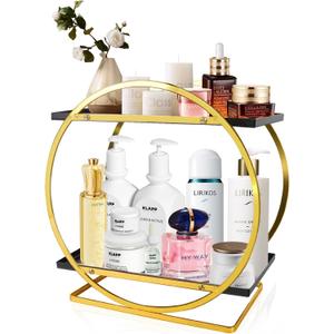 Perfume Organizer for Women, 2 Tier Black Gold Perfume Organizer for Dresser, Bathroom Countertop, Makeup, Kincare Storage, Bathroom, Vanity