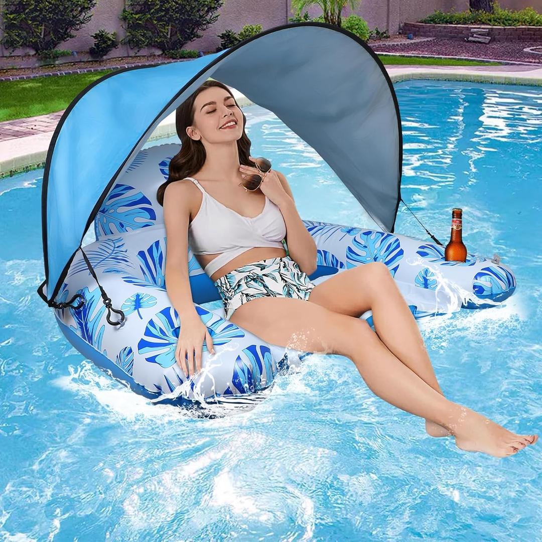 MorTime Pool Float Chair with Canopy Cup Holder for Adults, 47.2 x 37.4 Inches Inflatable Water Pool Lounge Raft Pool Floating Chair with Ergonomic Headrest for Swimming Pool Summer Beach Party