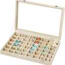 Frebeauty 48 Grid Jewelry Tray,Adjustable Earring Holder Organizer with Glass Lid,Velvet Drawer Jewelry Organizer for Rings,Studs,13.8 x 9.5 x 2 Inches Jewelry Display Box,Gift for Women(Beige)