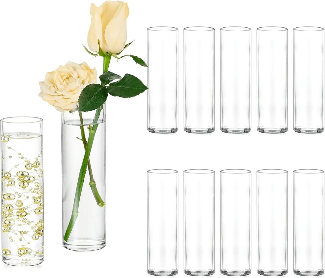 Hewory Cylinder Glass Bud Vases: Set of 12 Small Clear Skinny Single Flower Vase for Centerpieces - Minimalist Tall Decorative Bulk Vases for Wedding Birthday Bridal Shower Party Events Table Decor