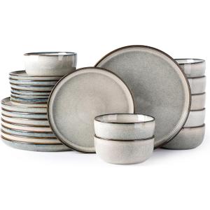 GBHOME Ceramic Dinnerware Sets for 8, 24 Pieces Stoneware Plates and Bowls Sets, Scratch Resistant Dishes, Dishwasher & Microwave Safe, Reactive Glaze-Green Wheat