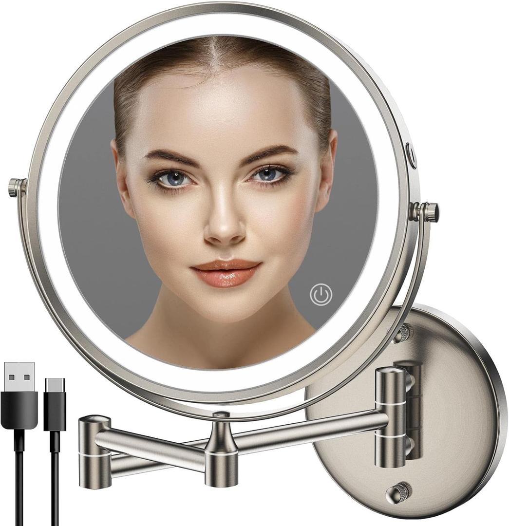 Rocollos Rechargeable Wall Mounted Lighted Makeup Mirror, 8 Inch Double-Sided LED Vanity Mirror 1X/10X Magnification,3 Color Lights Touch Screen Dimmable 360Swivel 13 Inch Extendable