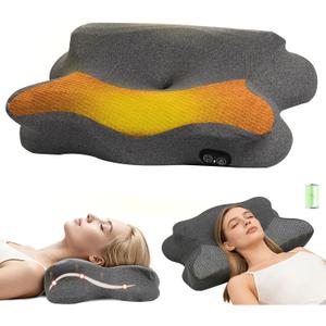 Rechargeable Heated Neck Massager Pillow - Cordless Cervical Neck Pillow with Heat, Deep Tissue Massage and Traction Stretching Functions, Neck Muscle Pain and Stiffness，for Side/Back Sleepers