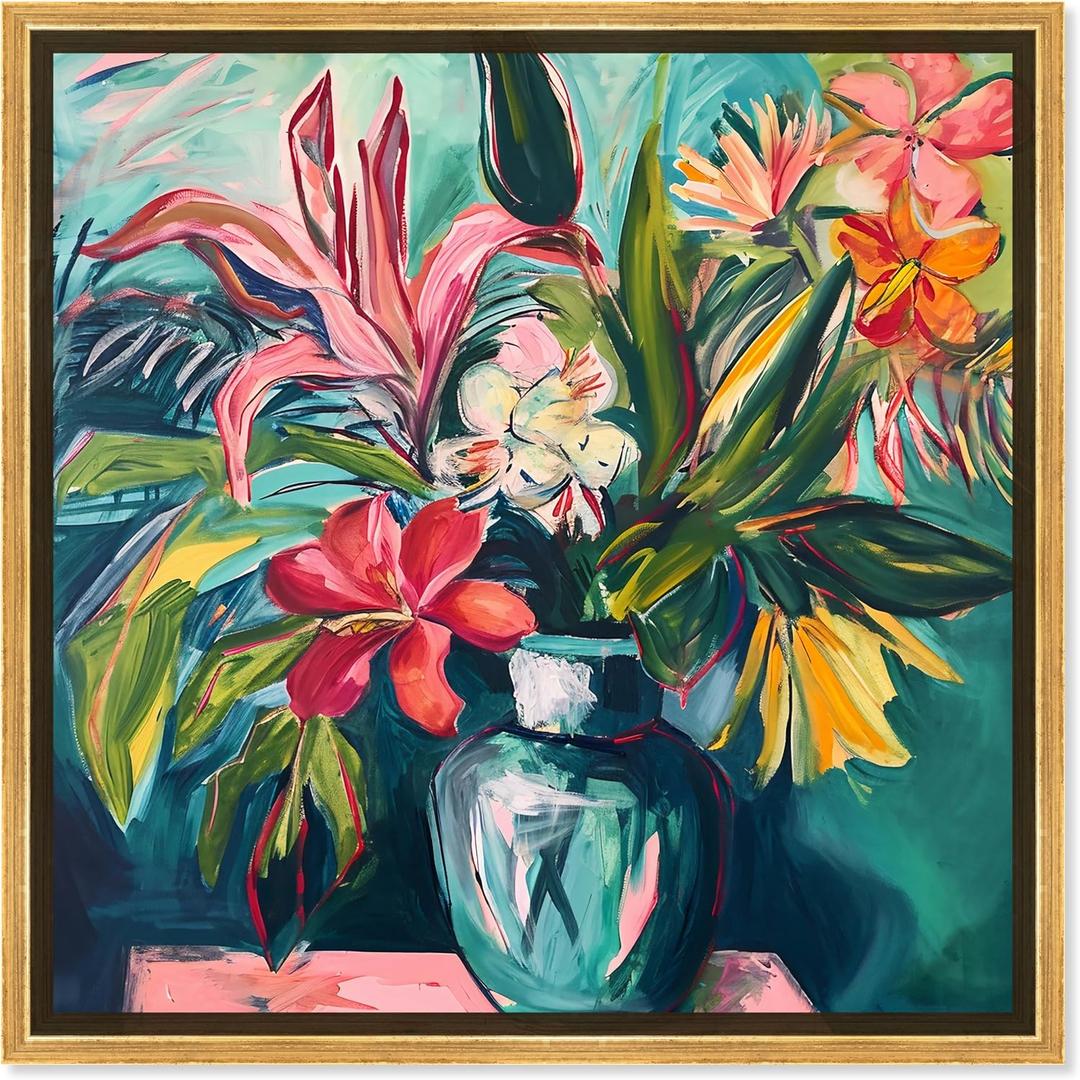Vase Of Bright Tropical Flowers Framed Flowers In Vase Paintings, 13.5" x 13.5", Gold Frame