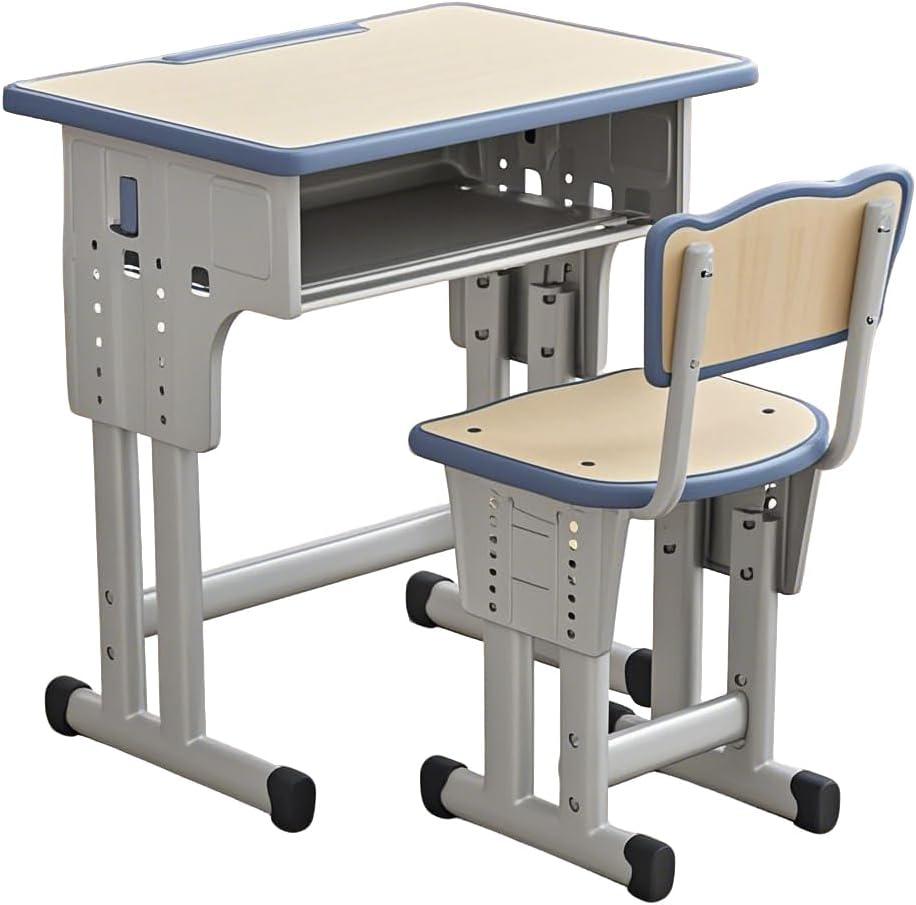 Cantonape Kids Desk and Chair Set, Height Adjustable, with Metal Hook Storage Drawer for Boys Girl Study Home School, Gray, 23.62" x 15.75" x [25.19"-29.92"] inches
