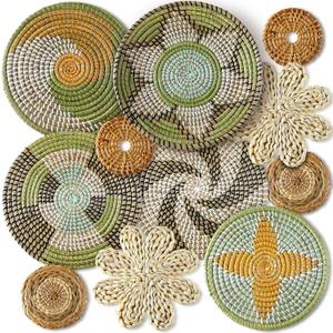 Tatuo 11 Pcs Boho Wall Basket Decor Decorative Bulrush Woven Basket Wall Decor Art Round Farmhouse Hanging Baskets for Kitchen Rustic Home Summer Decorations, Multi Sizes(Stylish)