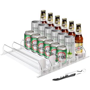 Drink Organizer for Fridge,Soda Can Drink Organizer for Refrigerator,Beer Pop Can Water Bottle Storage for Pantry,Width Adjustable Beverage Pusher Glide (White, 16.4"D - 5 Rows)