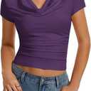 Women's Cowl Neck Tops Short Sleeve Slim Fit Ruched T-Shirts Summer Casual Dressy Business Blouses Going Out Top (M)