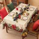 Softalker Christmas Rectangle Jacquard Tablecloth with Red Flower Bell, Polyester Poinsettia Vintage Floral Printed Table Cloth for Xmas Party Decoration/Holiday (60x120 Inch)