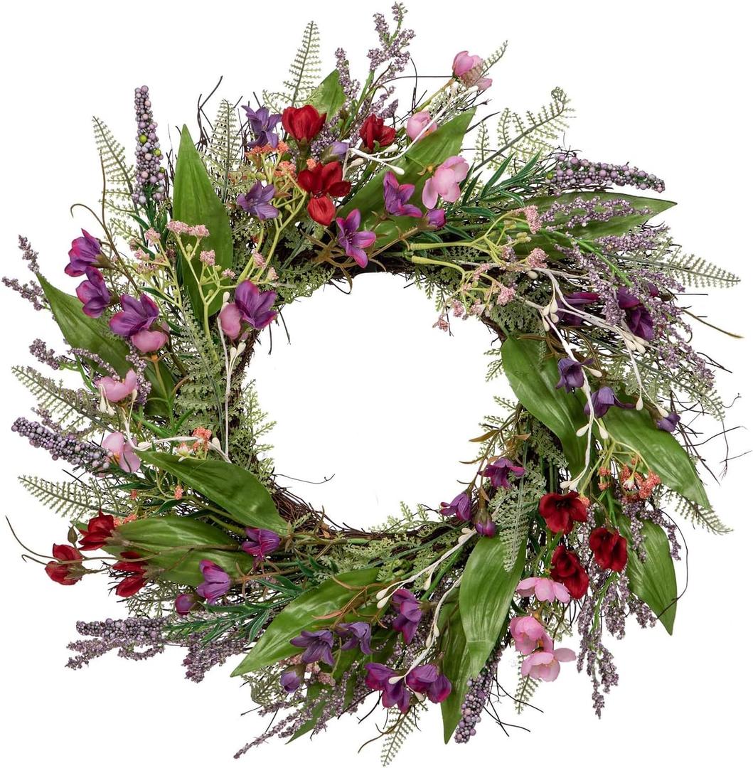 Briful 18 Artificial Lavender Wreath Year-Round Faux Wildflowers Green Floral Wreaths for Farmhouse Front Door Mantle Bedroom Kitchen Decor