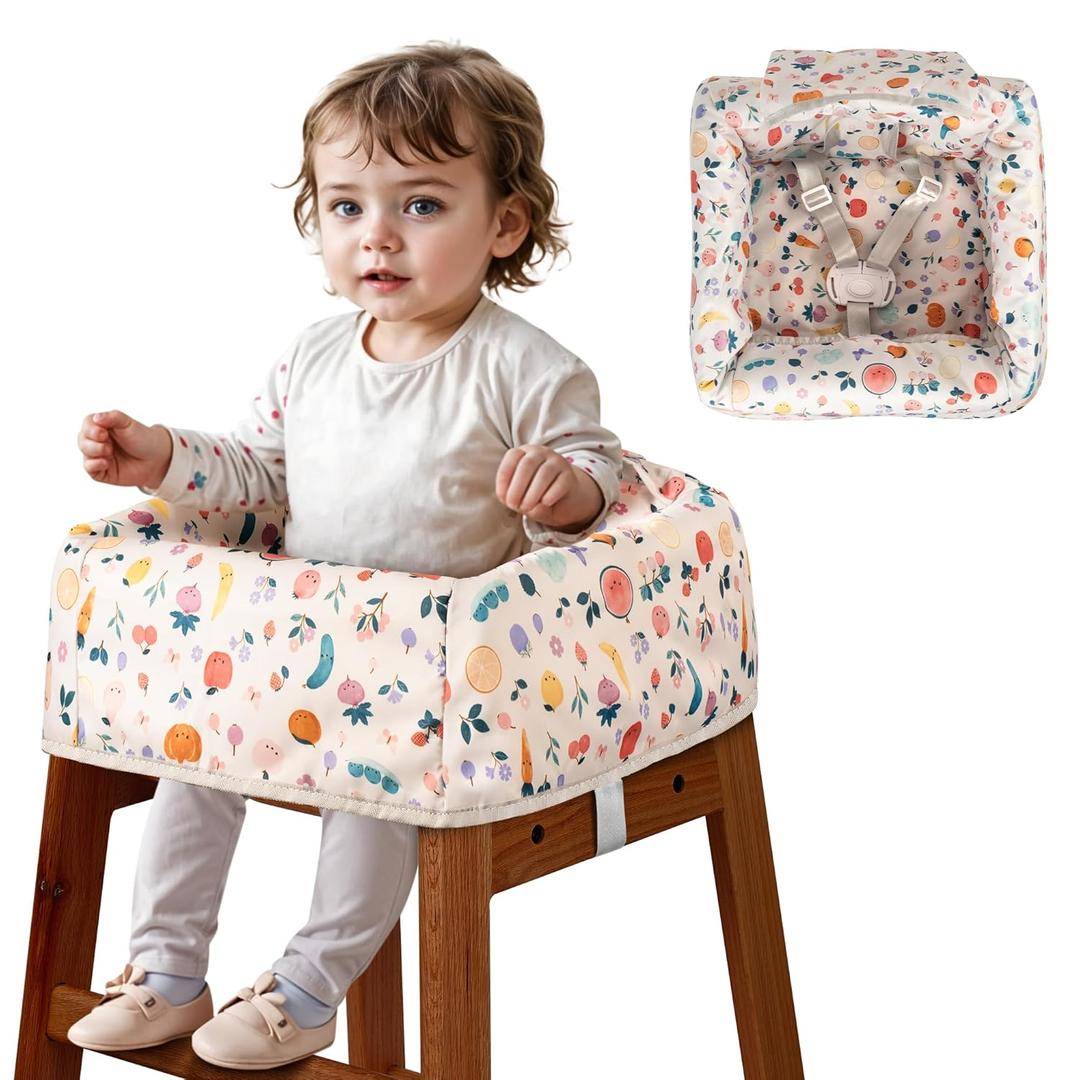 High Chair Cover for Baby Restaurant with Safety Harness Stain and Slip Resistant Waterproof Portable for Outdoor Indoor Eating White