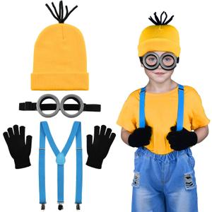BUUFAN 4Pcs Halloween Costume Accessories Kids Steampunk Goggles Glasses Blue Y-Back Suspenders Yellow Beanie Hats Black Gloves Perfect for Birthday Party and Halloween Cosplay Party