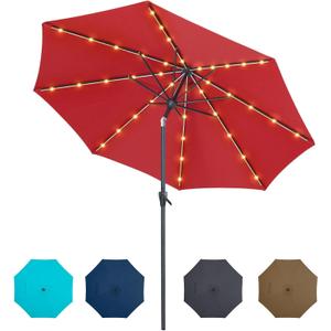 Tempera Solar Patio Umbrella 40 LED Lighted Outdoor Umbrella Table Market Umbrella with Push Button Tilt and Crank, Solar Umbrella with Sturdy Pole&Fade Resistant Canopy, Easy to Set (9ft, rust red)