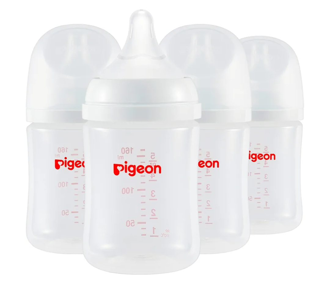 Pigeon PP Nursing Bottle Wide Neck, Anti-Colic, Streamlined Body, Natural Feel, Easy to Clean, 5 Oz (Pack of 4), Includes 4pcs SS Nipples (0m+)