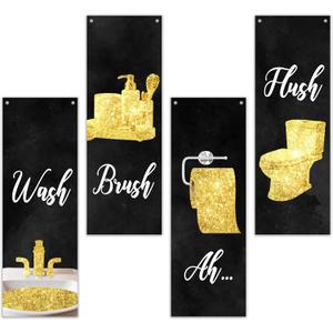 Qiwog 4 Pcs Gold Bathroom Decor Wooden Sign, Glam Bathroom Wall Art, Black And Gold Wall Art, Modern Women Funny Wooden Hanging Sign For Washroom Bathroom Restroom Farmhouse Decor, A23, Rustic