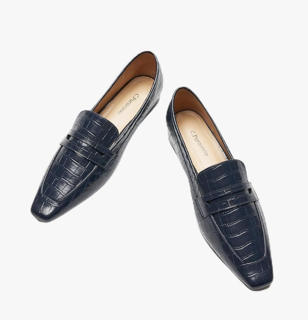 C.Paravano Penny Loafers for Women, Crocodile-Embossed Slip-ons Comfortable Dressy Formal Dress Square Toe Flats Loafer Shoes for Business Casual Wear