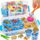 Ocean&Sand Sensory Bin with Lid, 42 Pcs Sensory Sand Kit with Sea Animals for Kids, Birthday Christmas Gifts for Boys Girls, Preschool Learning Activities Tools Box, Outdoor Sandbox Toys for Toddlers