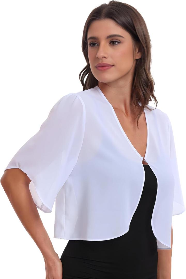 SURVODJA Womens Chiffon Cropped Cardigans Lightweight Sweaters Short Sleeve Bolero Shrugs for Dress (White, XXL)