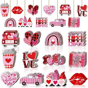 Jetec 36 Pcs Valentines Day Wooden Hanging Ornaments Valentines Tree Decorations Pink Red Heart Gnome Wood Cutouts with Ropes XOXO Love Signs Pendants Valentines Day Decor for Home Party Decoration