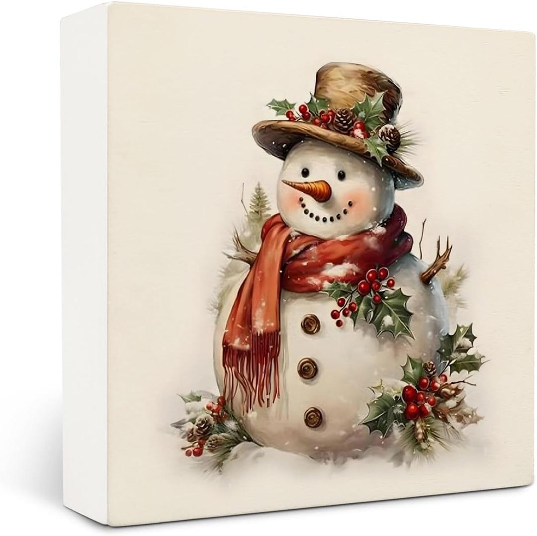 Vintage Christmas Holly Berry Snowman Wooden Box Sign Desk Decor, Rustic Winter Snowman Christmas Wood Block Sign for Home Office Desk Table Shelf Wall Decorations, 5x5 Inch