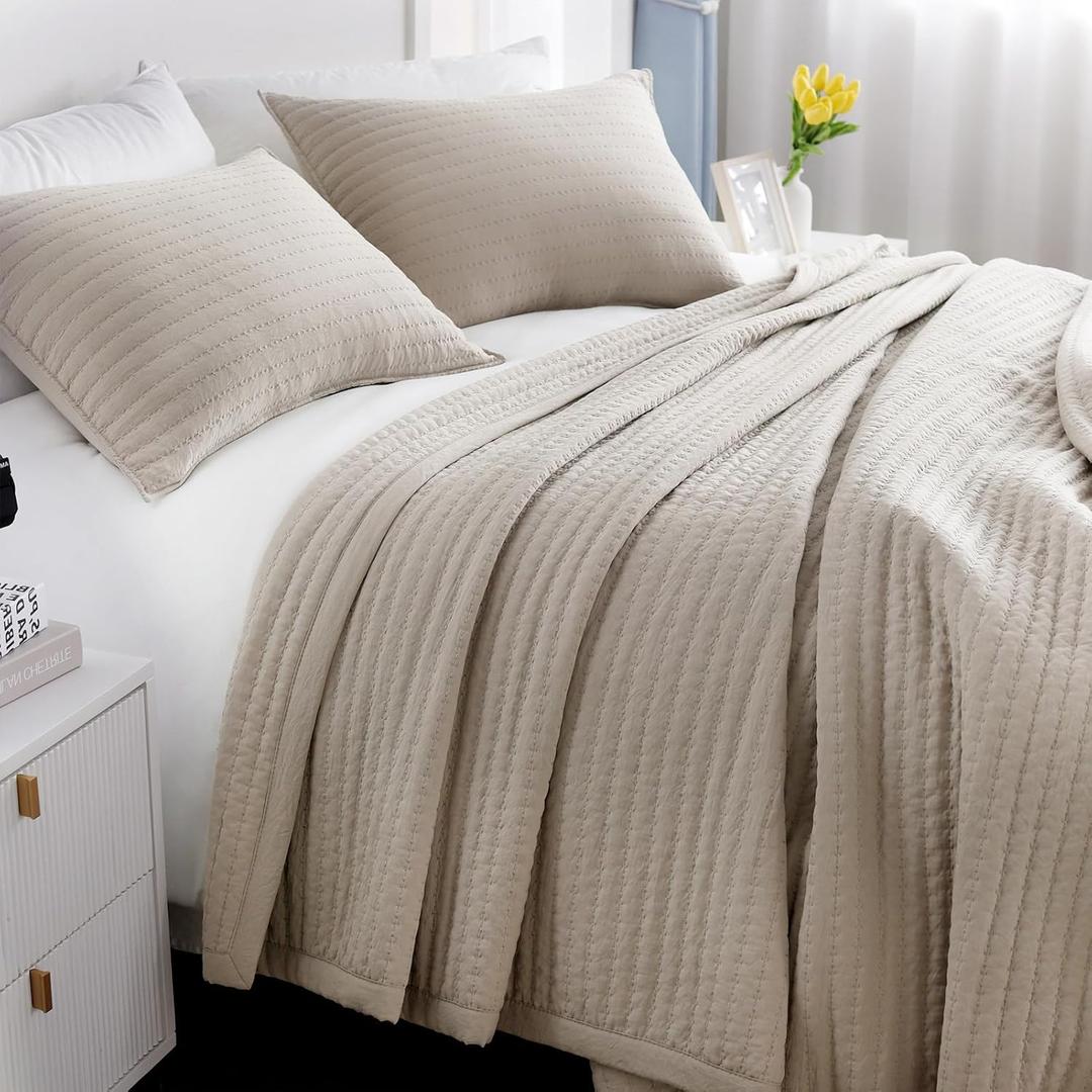 Max Oversized California King Quilt Set  112"x106"Soft Washed Lightweight Bedspread,Multi-Lock Quilting,Minimalist Nordic Bedding, Spring & Summer Quilt Set (1 Quilt + 2 Pillow Shams), Oatmeal