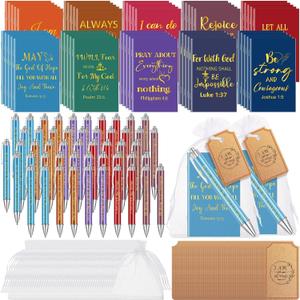 200 Pcs Bible Verse Sets Church Christian Gift Include 50 Scripture Notebooks 50 Bible Bamboo Pens 50 Thanks Tags 50 Organza Bags for Women Man Christian Party Gifts(Colorful,Novel) (White)