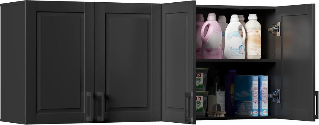 ChooChoo Laundry Room Cabinets, 3 Doors Wall Mounted Storage Cabinet, Kitchen Wall Storage, Bathroom Wall Cabinet, Black