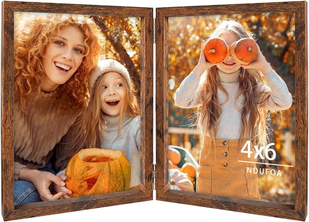 4x6 Double Picture Frames Vertical Hinged Wood Bifold Photo Frame for Tabletop Display, Brown