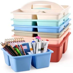 6 Pack Classroom Caddy with Handle Plastic Storage Caddy Organizer with 3 Compartments Desk Caddies Holder Portable Storage Bin for Pencil, Crayon, Marker, Home, Office, School Supply(Morandi Colors)