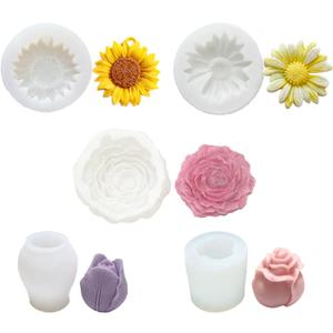 5PCS Flower Molds Silicone, Candle Molds for Candle Making Modeling Clay Peony Rose Tulip Daisy Sunflower Moldes para Velas for Wax, Soap, Resin Craft, Ice Block, Cake, Chocolate