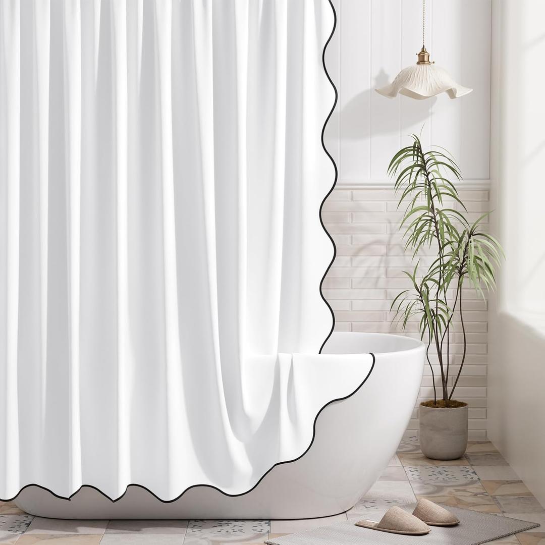 White Shower Curtain with Black Scalloped Edge, Fabric Shower Curtains Sets with 12 Metal Hooks, Thick Cloth Bathroom Curtains, Water Repellent, 72 x 72 Inches