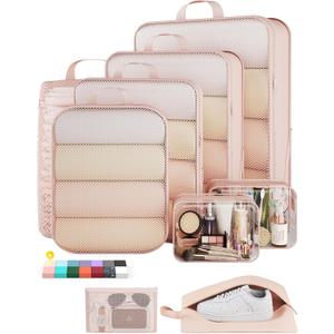 Veken 9/11 Set Compression Packing Cubes for Travel Essentials, Compressible Expandable Large Luggage Suitcase Organizer Bags for Clothing, Durable Space Saver Storage Bags with Toiletry Bags(Beige)
