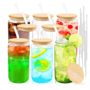 Joyclub Glass Cups with Bamboo Lids and Straws 8 Set 16 oz Reusable Iced Coffee Cup Beer Can Drinking Jars for Smoothie Whiskey Boba Soda Tea Gift