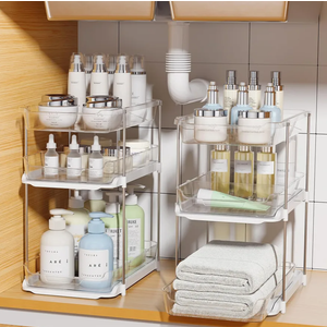 Delamu 2 Sets of 3-Tier Bathroom Under Sink Organizers and Storage, Multi-Purpose Stackable Pantry Organization and Storage, Pull Out Clear Kitchen Bathroom Cabinet Organizer with Movable Dividers