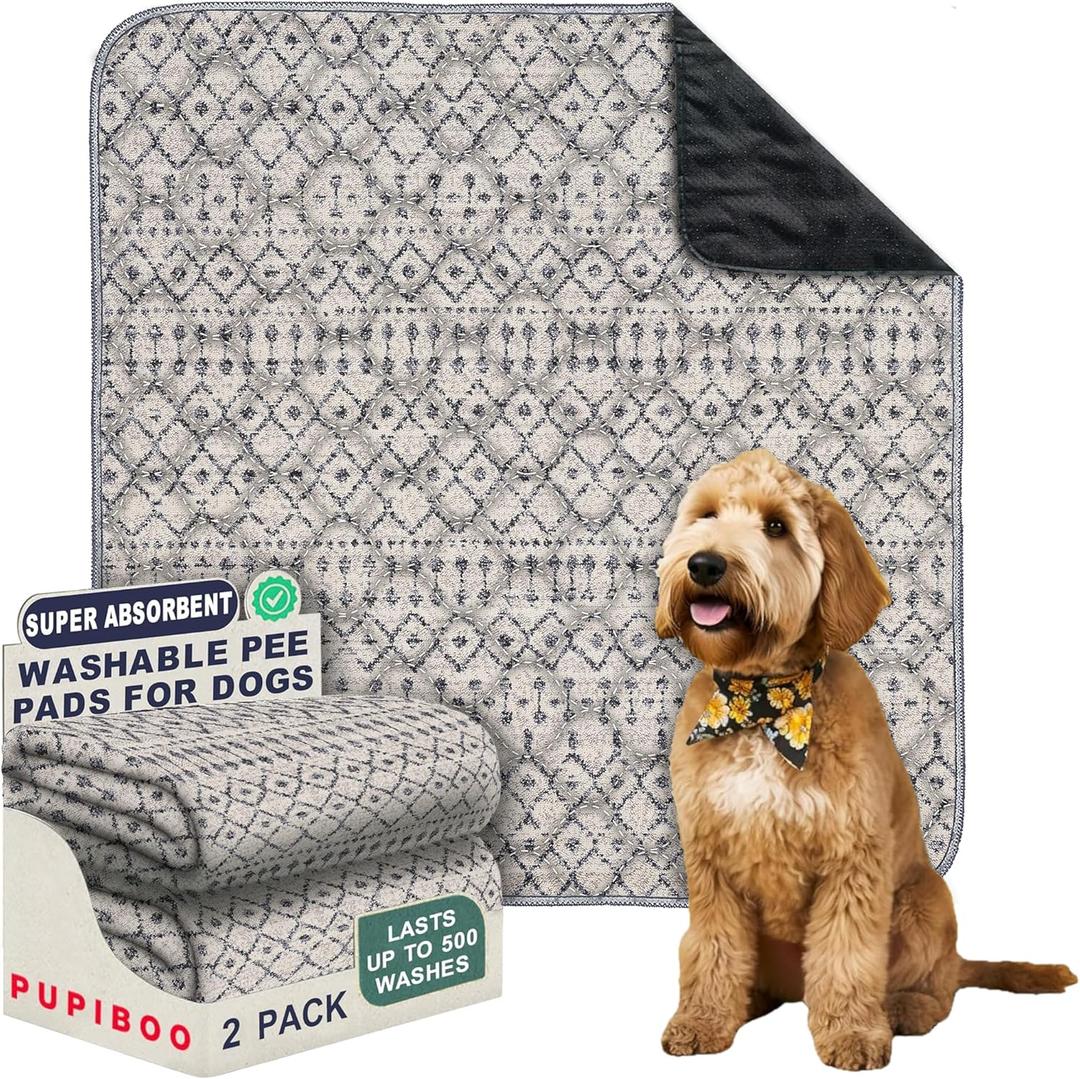 PUPIBOO Washable Pee Pads for Dogs and Cats - Super Absorbent Reusable Puppy Training Pads - 100% Waterproof, Leak-Proof & Non-Slip Whelping Pads for Pet Housebreaking (36 x 36 Inch (Pack of 2), Grey Moroccan)