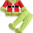 Toddler Baby Boys Girls Christmas Cosplay Monster Costume Outfits Green Furry Santa Long Sleeve Tops and Pants Set (6-7 Years)