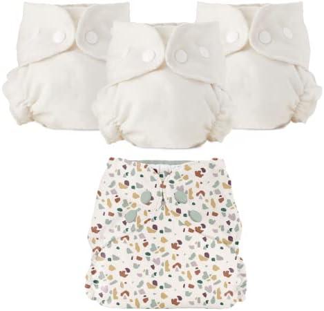 Esembly Cloth Diaper Bundle Set - 4 Organic Cotton Absorbent Inners and 1 Waterproof Outer Diaper Cover - Reusable, Washable, Snap Closure Cloth Diapers - Size 2 (18-35lbs), Terrazzo