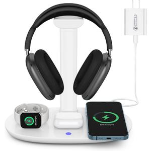 Headphone Stand with 15w Wireless Charger, Suguder 4 in 1 Charging Station Headset Holder for AirPods Max/Pro/4/3/2 iWatch 10/9/8/7/6/5/4/3/2/1/SE iPhone 16/15/14/13/12/11/X for Desktop Table Game (White)