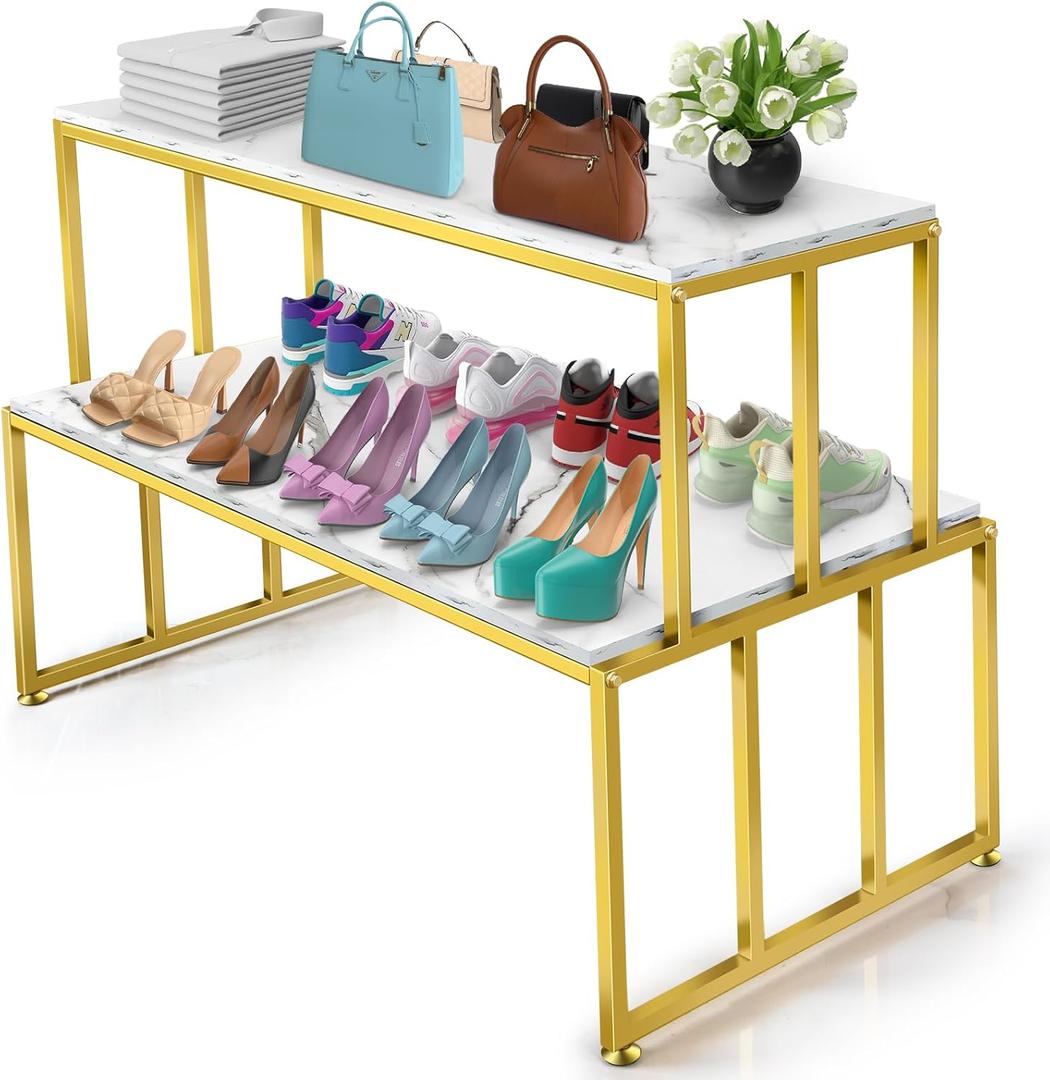 Metal Shoe Handbag Display Stand, 2 Tier Heavy Duty Display Table, Modern Standing Display Riser Shelf for Retail Stores, Iron and Wood, Gold