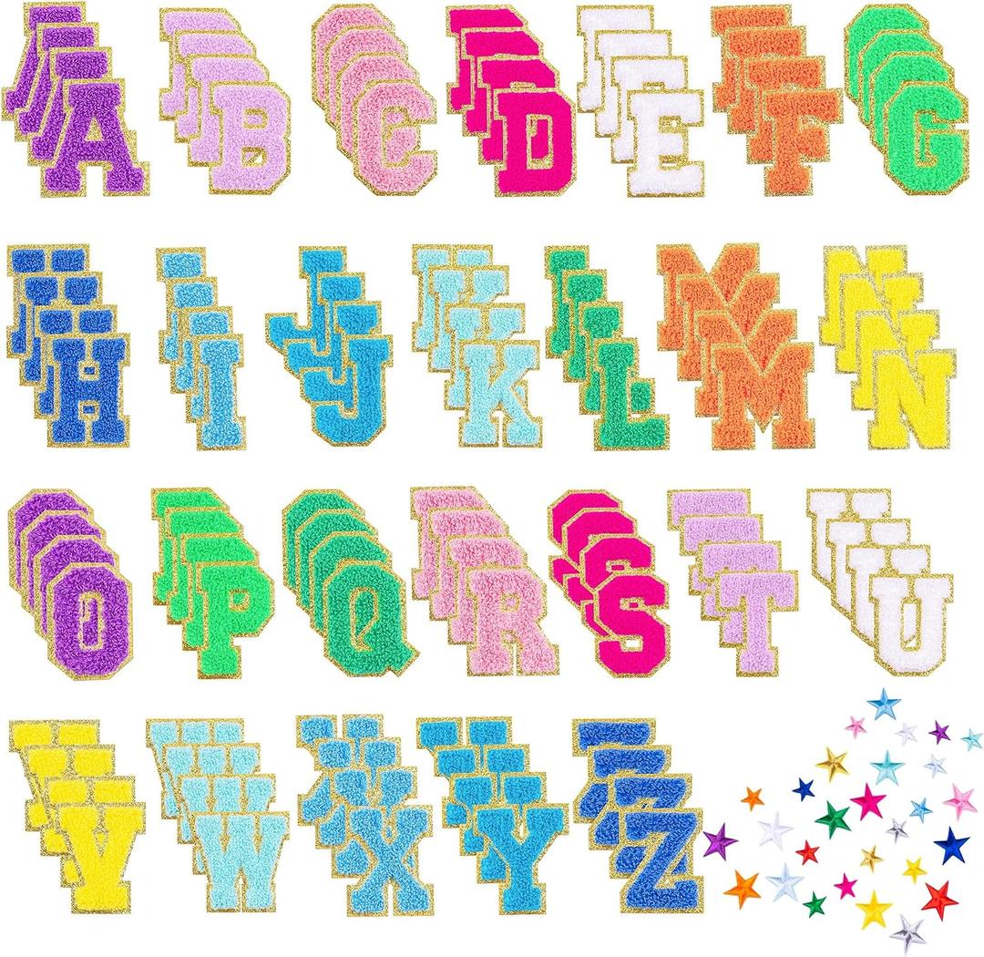 132 Pcs Varsity Letter Patches Kit - 104 Self Adhesive Chenille Letters & 28 Iron On Stars, No-Sew Fabric Patches for Clothes, Jackets, Backpacks, Hats, DIY Crafts (2.17")
