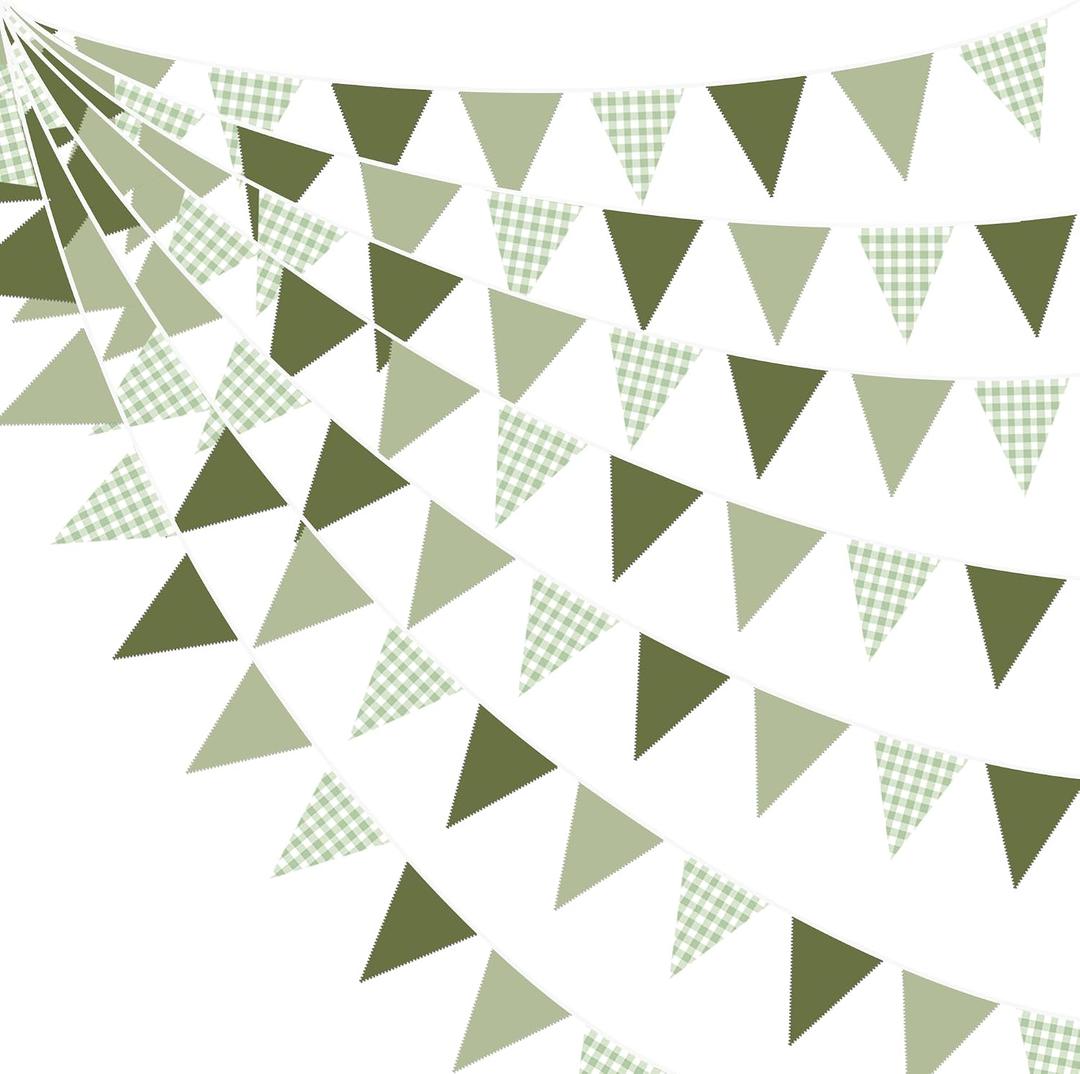 32Ft Sage Green Party Decorations Sage Gingham Banner Olive Green Buffalo Plaid Checkered Triangle Flag Pennant Fabric Garland Streamers for Birthday Baby Shower Wedding Picnic Golf Party Decorations, 5.5in x 7in