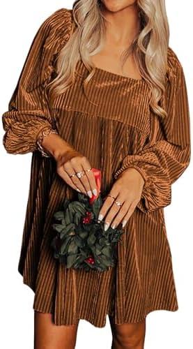 Chvity Women Velvet Backless Mini Dress Sqaure Neck Long Sleeve Casual Loose Holiday Party Winter Babydoll Velour Dressess, Small
