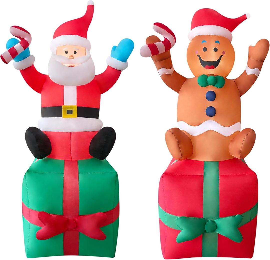 2 Packs 6ft Christmas Inflatable Santa and Gingerbread Man on Gift Box Christmas Blow Up Decor for Outdor/Home/Lawn/Yard Decoration