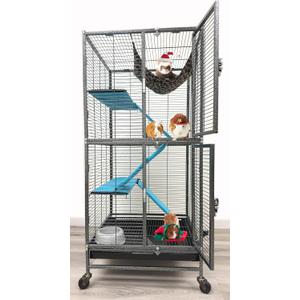 Deluxe Double Unit Two Full Story Durable Front Doors Tight 1/2-inch Wire Spacing Chew-Free Small Animal Critter Home Cage Water Bottle Food Bowl for Feisty Ferret Hammock Rat Mice On Wheels (Black Vein)
