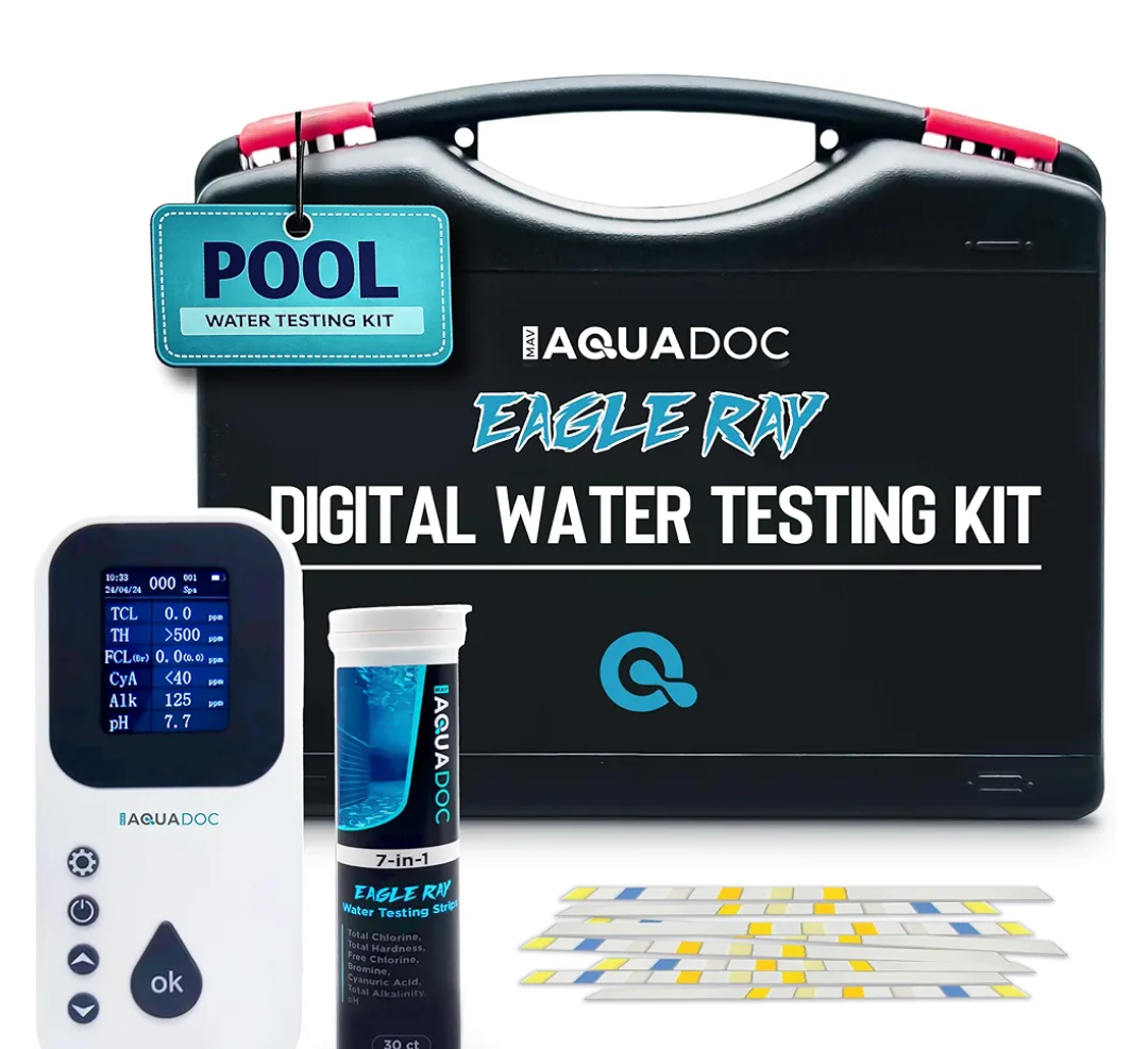 Eagle Ray Digital Pool Water Test Kit by AquaDoc with Digital Water Tester and 30 Pool Test Strips for Chlorine, Bromine, Total Hardness, Cyanuric Acid, Alkalinity, and pH