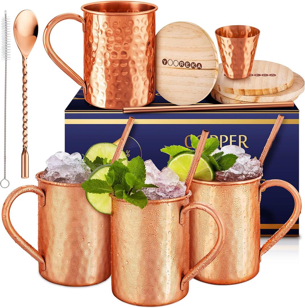 Gift Set Moscow Mule Mugs Set Of 4 16 oz Solid Cooper, 100% Pure Copper Cups Cylindrical Shape HANDCRAFTED, BONUS 4 Straws, 4 Wood Coasters, Stirring Spoon, And Shot Glass (Square) 