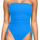 Yonique Women Strapless One Piece Swimsuit Tummy Control Bandeau Bathing Suit Cheeky Swimwear (Medium, Blue)